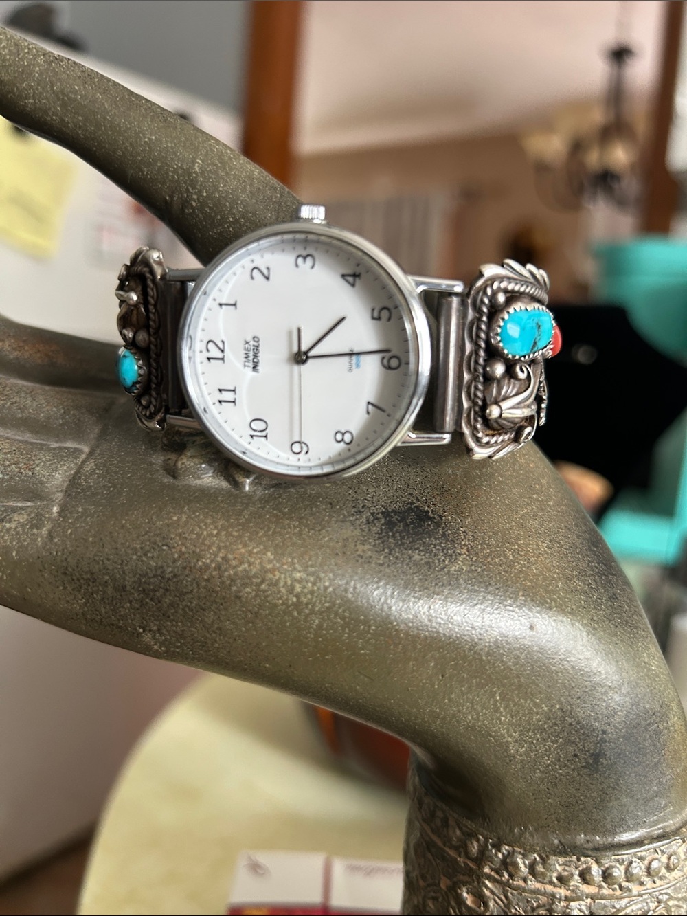 Vintage Navajo signed RB Sterling turquoise and coral band with Timex watch